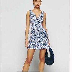 Reformation Rilynn Dress floral mini vacation flower print white blue